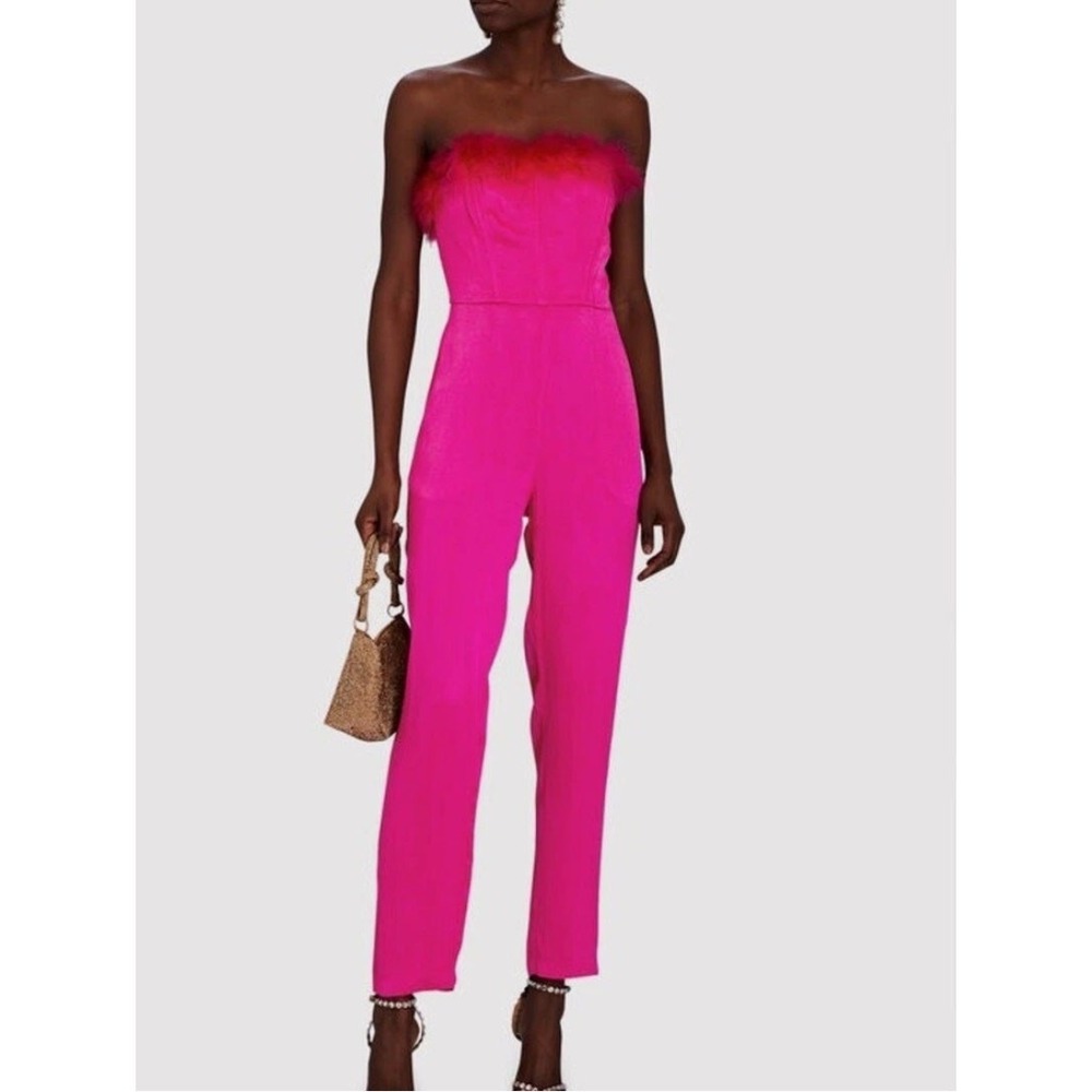 SAYLOR Sml Raya‎ Strapless Feather Jumpsuit Satin Hot Pink Valentines Statement